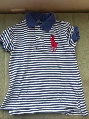 Ralph Lauren Blue & White Striped Polo with Red Polo Player